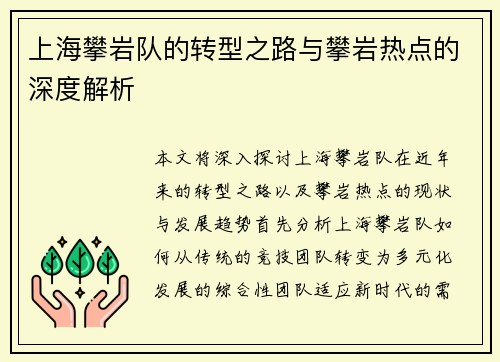 上海攀岩队的转型之路与攀岩热点的深度解析