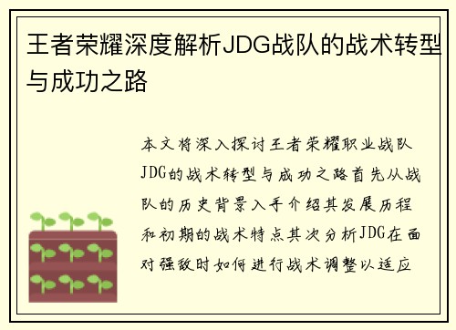 王者荣耀深度解析JDG战队的战术转型与成功之路