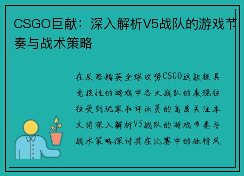 CSGO巨献：深入解析V5战队的游戏节奏与战术策略