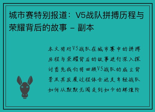 城市赛特别报道：V5战队拼搏历程与荣耀背后的故事 - 副本