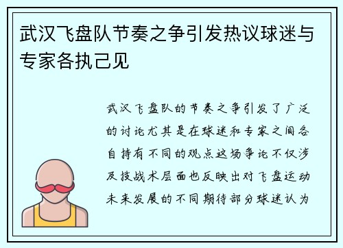 武汉飞盘队节奏之争引发热议球迷与专家各执己见